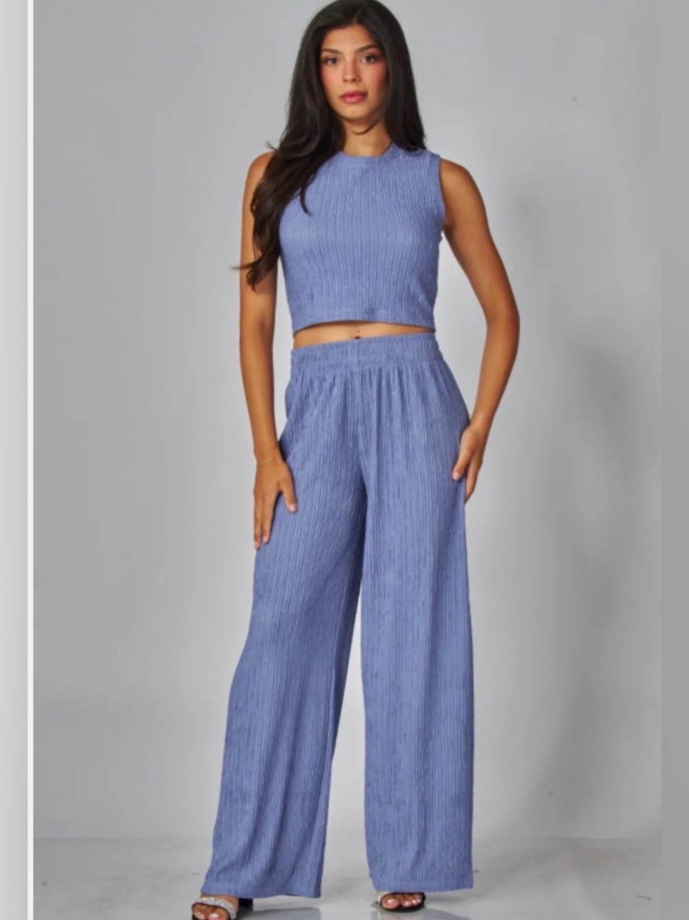 NWT Love Poem Plisse 2 Piece Set Sleeveless Crop Top Wide Leg Pants blue small